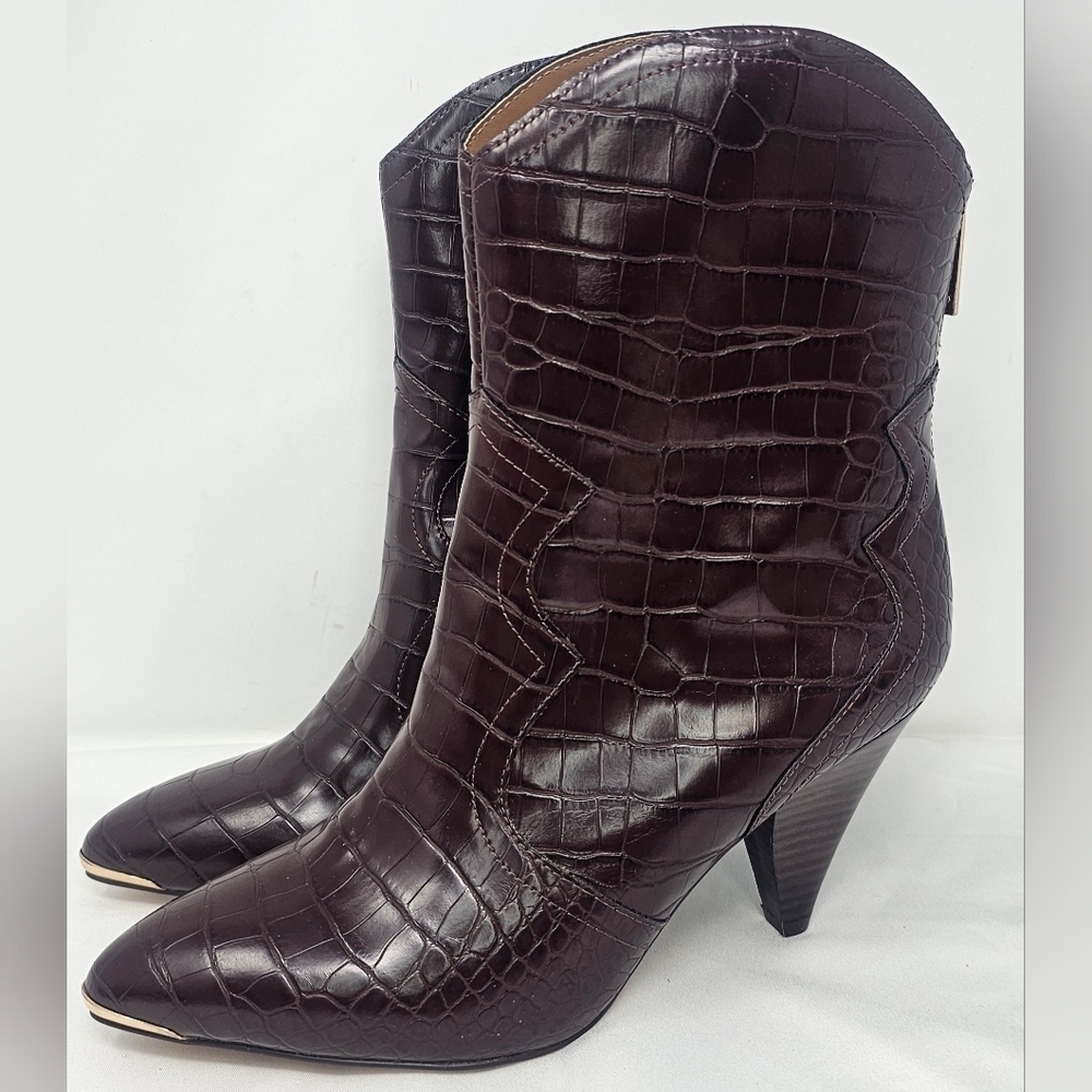 Nanette Lepore Women's Sage Faux Leather Brown Croc Cowboy Boots Size 9.5M